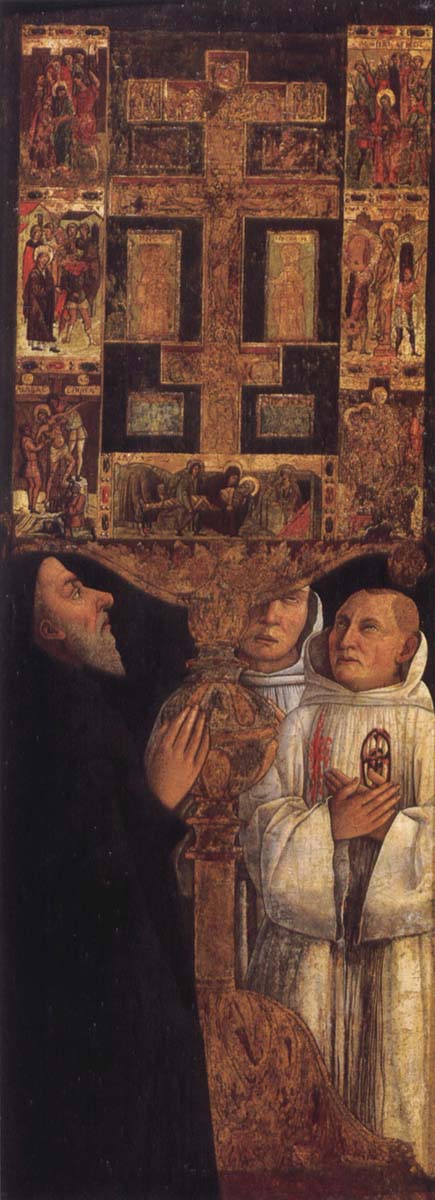 Cardinal Bessarion before his reliquary containing a piece of the True Cross,Along with two brothers of the Scuola della Carita in Venice